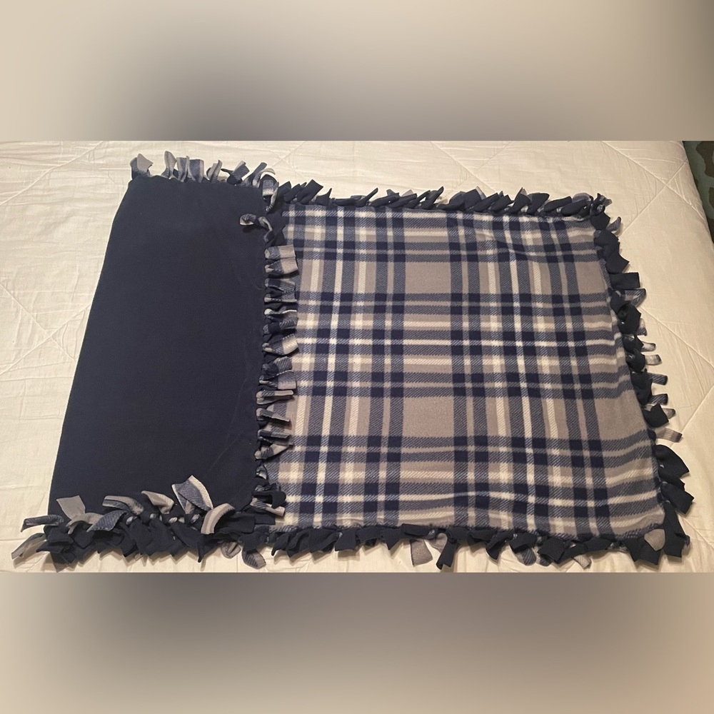 NEW Handmade Blue, Grey, White Plaid Fleece Blanket